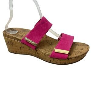 Vionic Pepper Pink Ruched Elastic Wedge Sandals Cork Platform Size 10